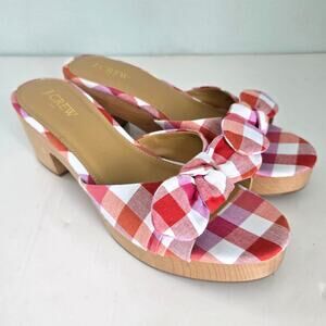 J Crew Pink Red Gingham Bow Mules Women's 9 Wood Heel Classic Preppy Summer